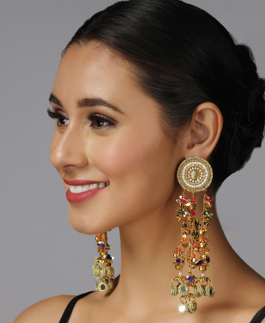 Chakraa with 3 Multi Colour Chain Earrings with Sheesha
