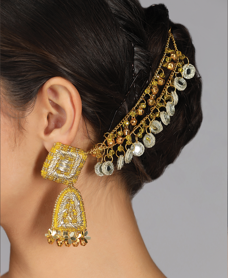 Rohini Mathur in Yellow & Golden Earchain Earrings with Sheesha