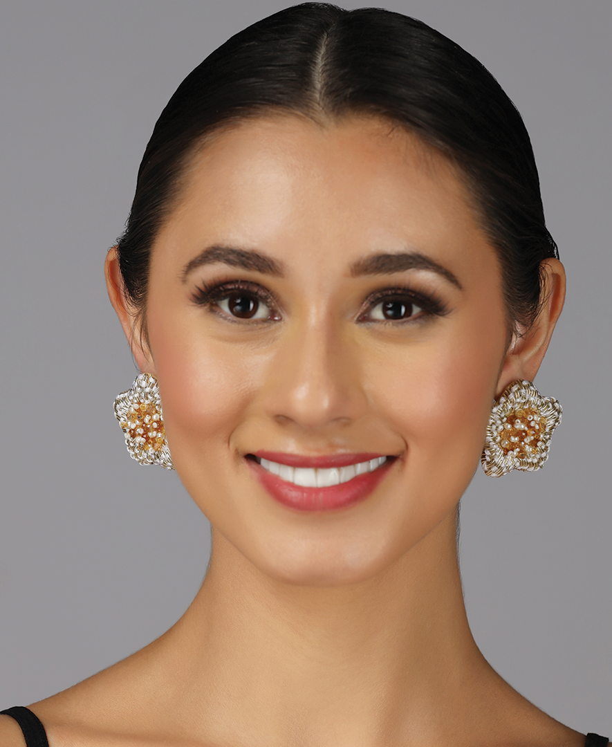 White Golden Phool Studs