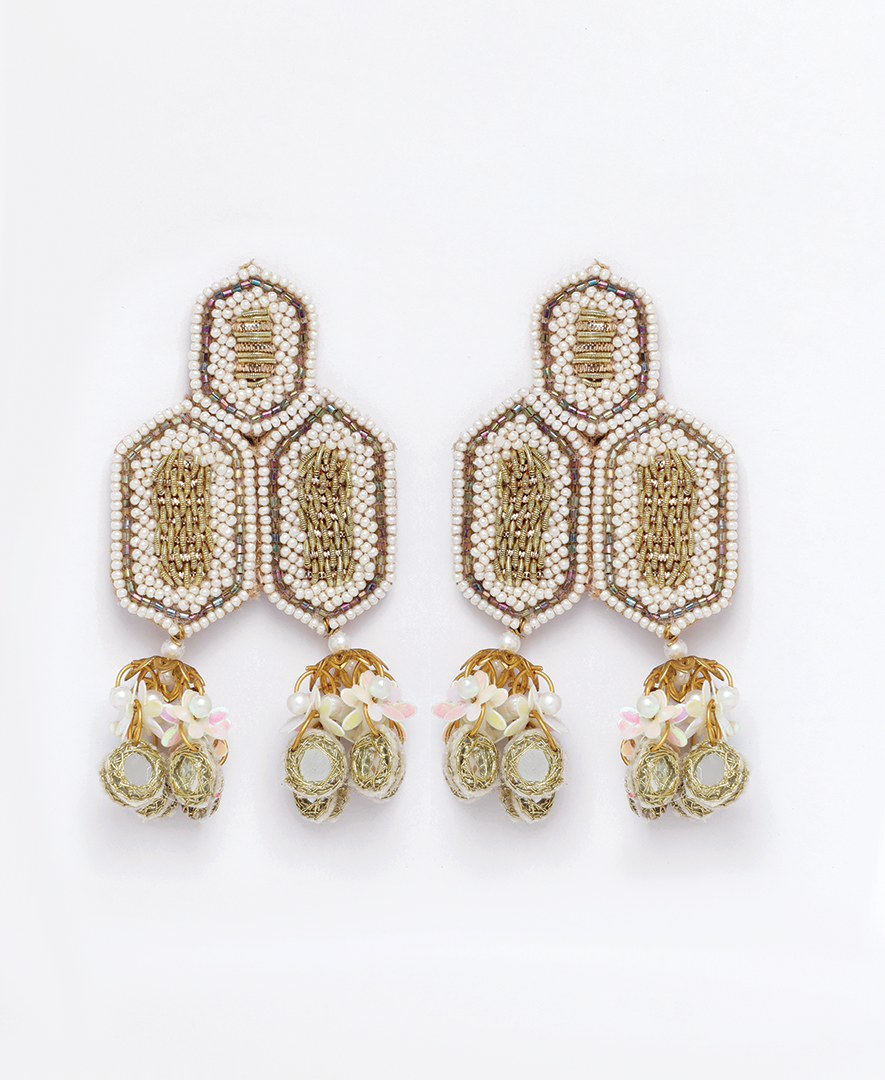 White & Golden Shatbhuj Earrings with Mirror Tassels
