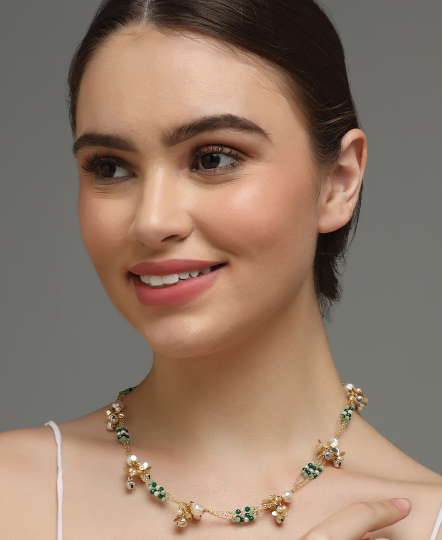 Green Beaded Necklace with Phool Ghungroo Tassels