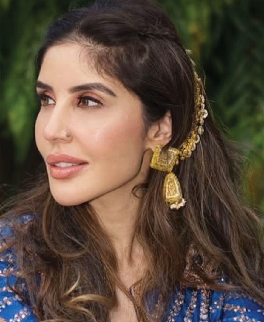 Rohini Mathur in Yellow & Golden Earchain Earrings with Sheesha