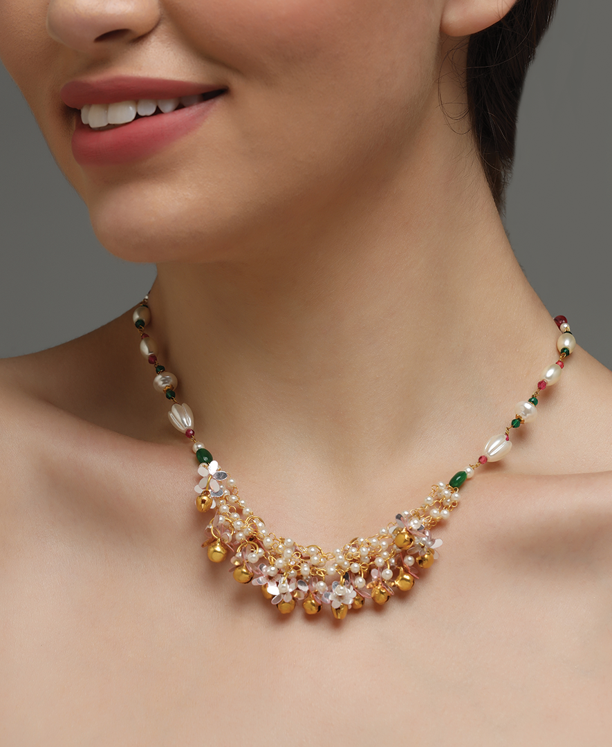 Pink & Green Necklace with Phool Ghungroo Tassels