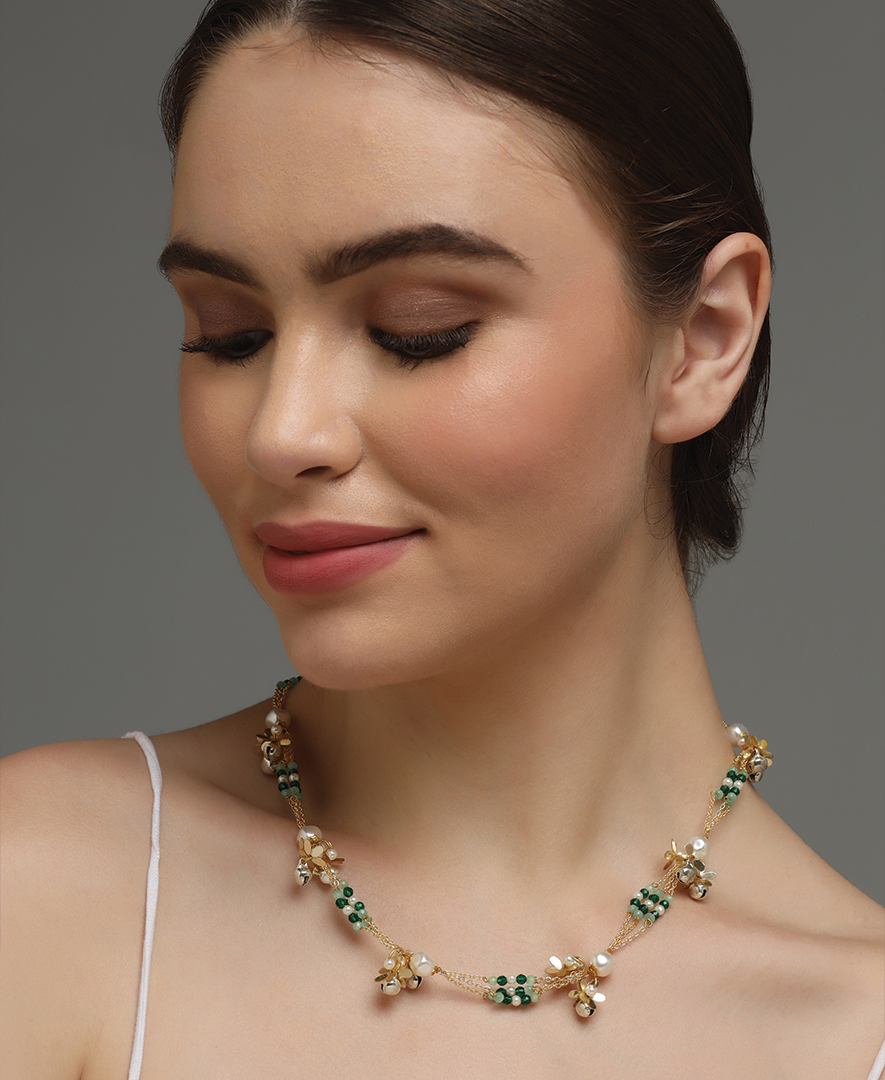 Green Beaded Necklace with Phool Ghungroo Tassels